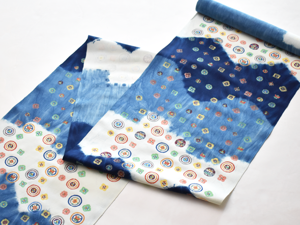 藍染 名古屋帯 八寸帯 家紋調子(変わり菱木瓜)模様❣️たなか落款入❣️仕立上り品❣️ 藍染 名古屋帯 八寸帯 家紋調子(変わり菱木瓜)模様❣️たなか落款入